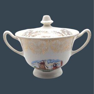 Vintage Dutch Girl White Porcelain Lidded Sugar Bowl W/ Handles Gold Filigree